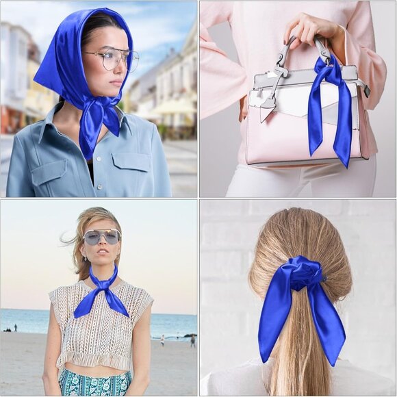 Women's Blue Silk Feeling Scarf 23.6'' Square Satin Scarf Neck Head Bandana - Picture 7 of 7